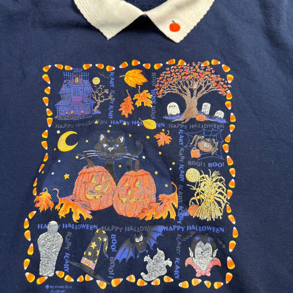 Vintage Morning Sun Halloween Collared Sweatshirt Navy Blue Pumpkin Cat 1X USA - Picture 5 of 7